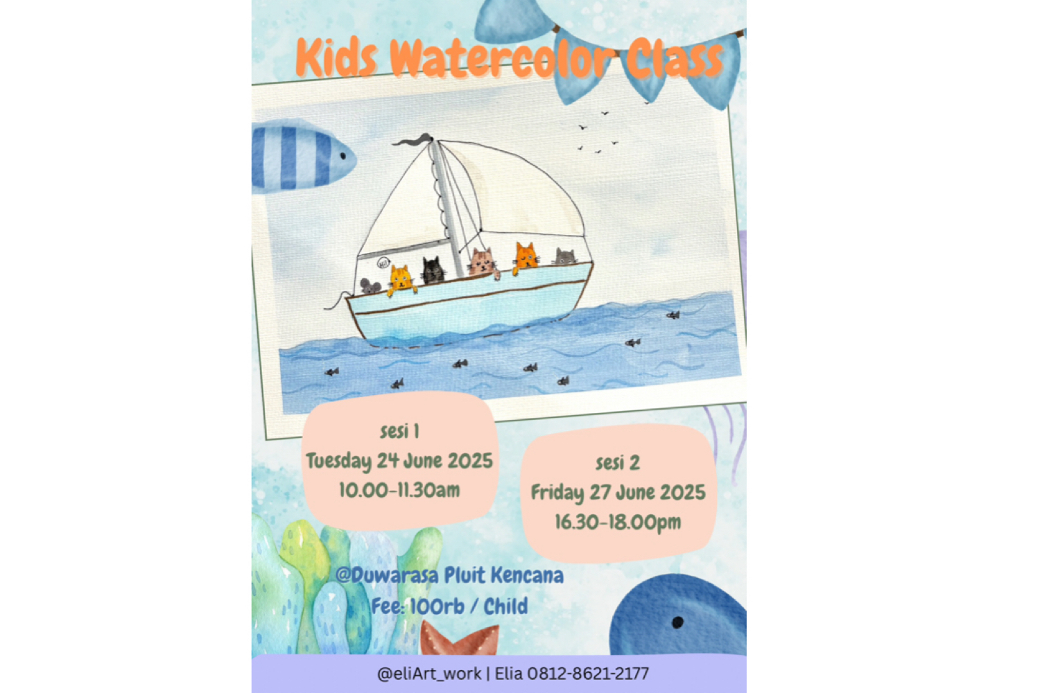 Kitties on boat watercolor kids class
