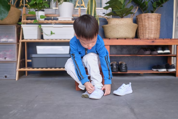 Ilustrasi anak sedang memakai sepatu sendiri